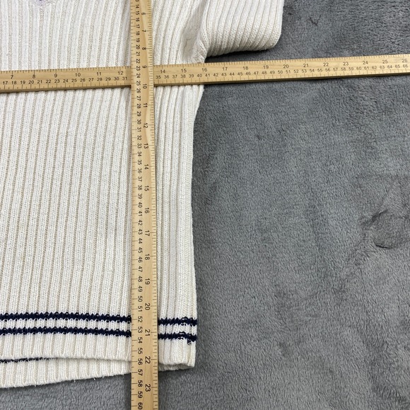 Vintage Sweater Ribbed Knit Striped V-Neck Varsity Cream Navy Sz S Tennis Preppy - Picture 3 of 10